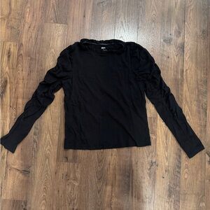 Maeve Anthropologie Ruched Long- Sleeve Ruffle Collar Top Black